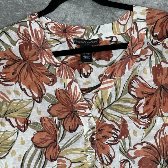 Preswick & Moore 2X Top Shirt Brown Floral Flower Button Up Short Sleeve V Neck - Picture 4 of 7
